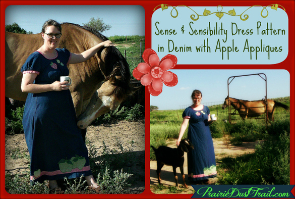 When I dress up, I like to wear regency dresses I've made from Sense and Sensibility Patterns. I made the one here from light-weight denim and country-fied it with apple appliques. I love the gingham trim. I cheated and used quilt binding. This dress was lots of fun to make!