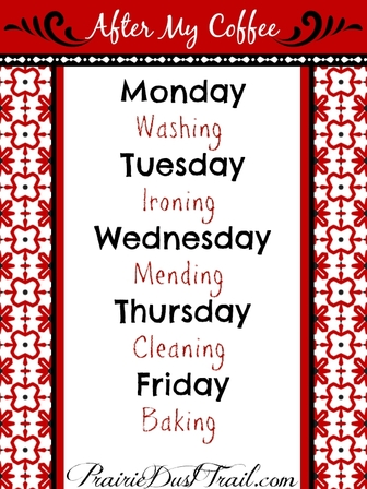 As a young homemaker, I learned quickly that the themed days of the week are a really good idea. Some days I didn't know where to start. I know some people do all their housekeeping (or most of it) on the weekend but that always left me so tired.