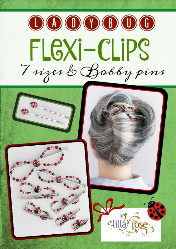 A beautiful Ladybug adorned with crystals, alights this Flexi-clips with harmonizing beadwork of red and black. Nickel, enamel, glass. 7 sizes plus bobby pins!